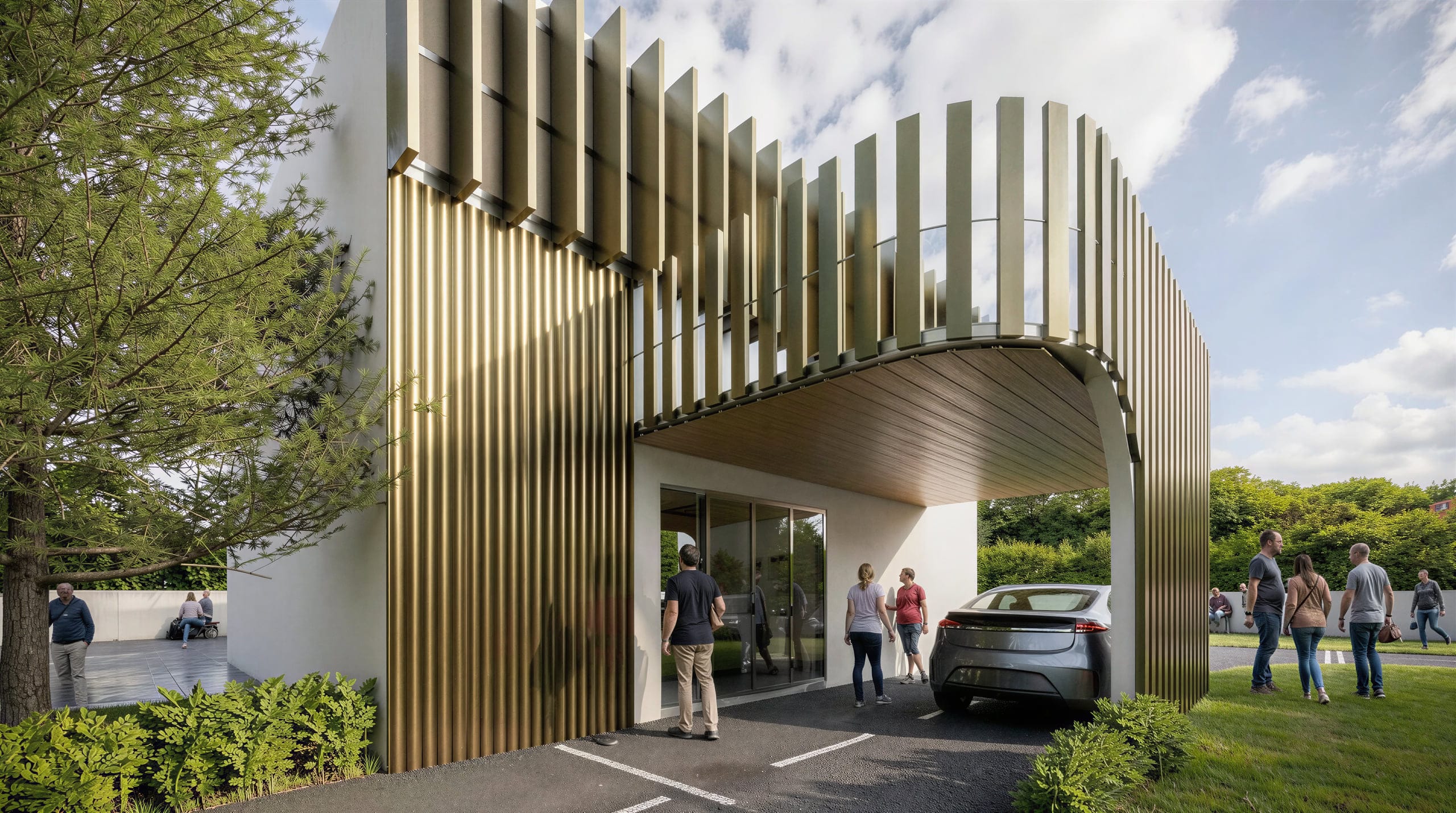 Covered drop-off with gold vertical fins, visitors walking to the entrance