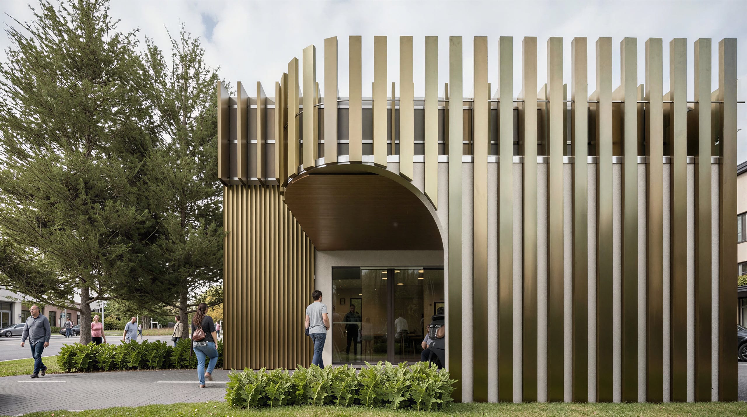 Facade of gold and olive vertical battens around an arched entry