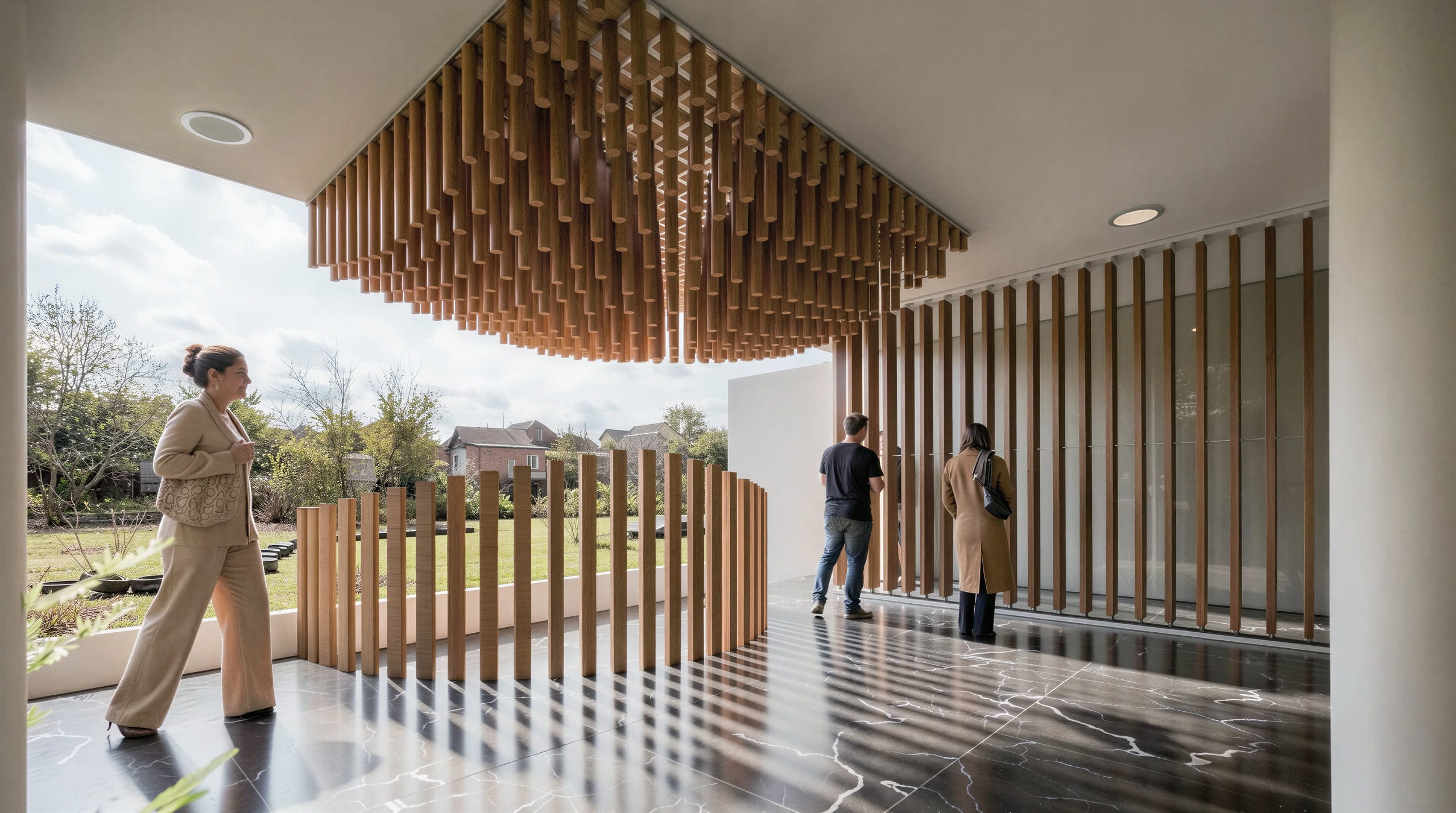 Open entry pavilion under a suspended timber batten ceiling