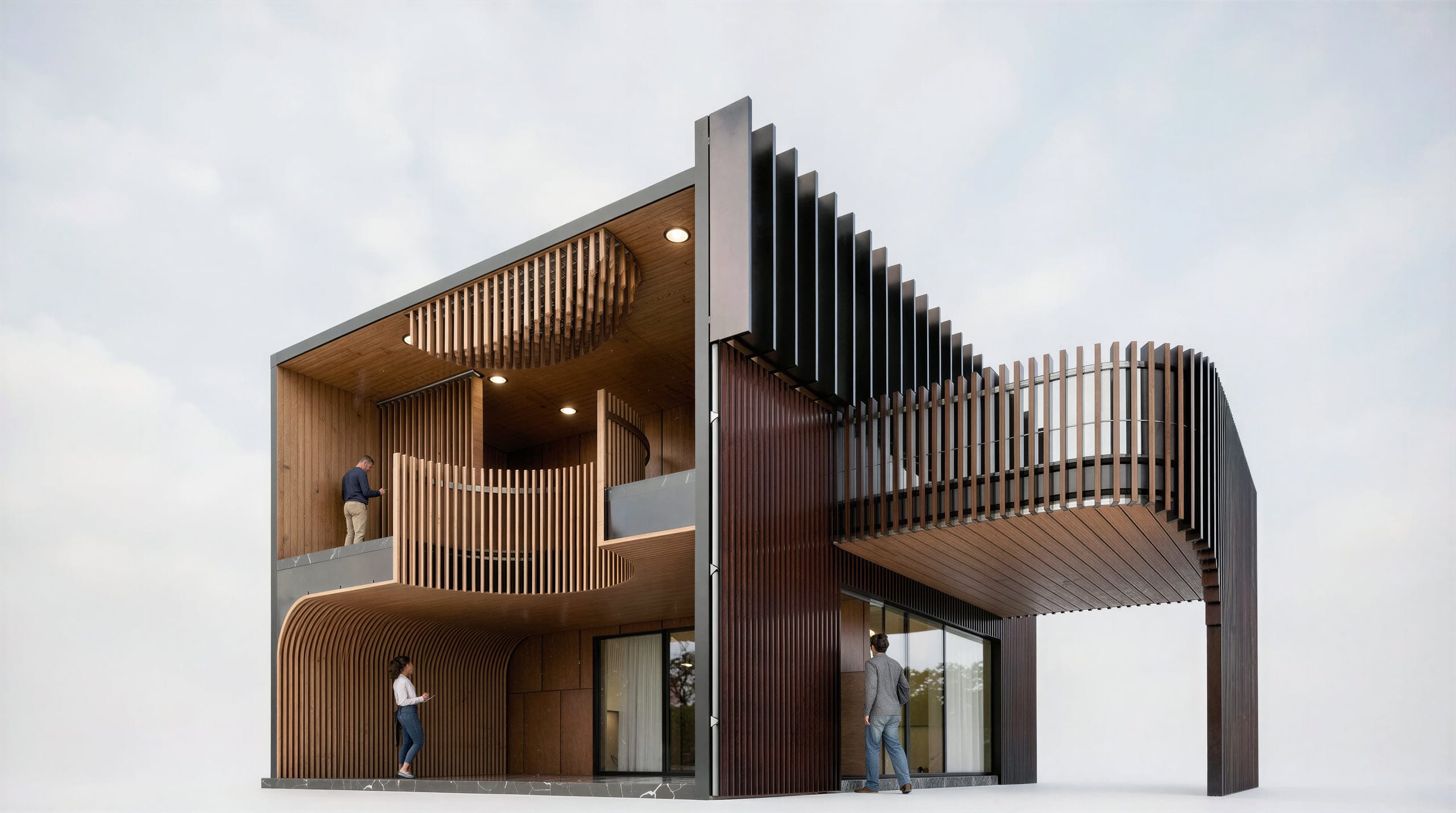 The building shown opened up, a cutaway of the lobby and balconies