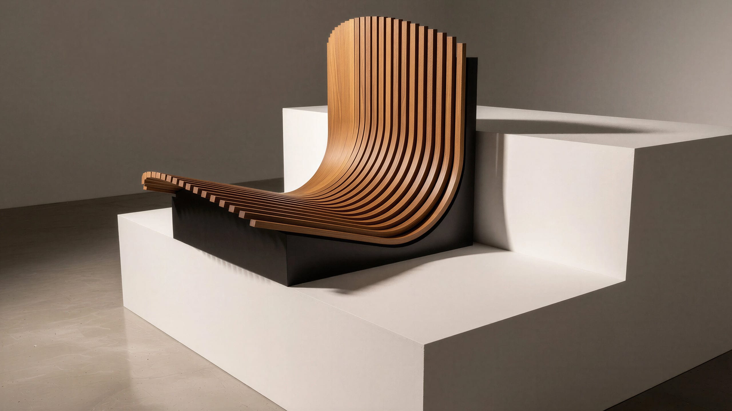 Lobby piece, steam-bent timber, product photograph style visual